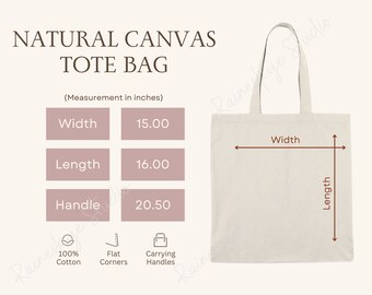 Natural Tote Bag Size Chart and Key Features, S&S Bags 42795 Mockup, Imperial and Metric Size Guide, Etsy Seller Tools, Includes 2 JPG Files