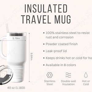 May include: White insulated travel mug with a black lid and a straw. The mug is 40 ounces (1.183 liters) and has a double-wall design. It is made of stainless steel and has a powder-coated finish. The mug is leak-proof and keeps drinks hot or cold for hours.