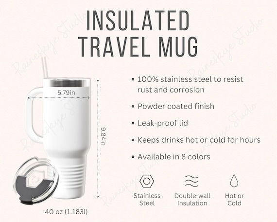 40oz Insulated Travel Mug with Handle Size Chart and Description Mockup, Polar Camel Stainless Steel Travel Mug, Etsy Seller Tools