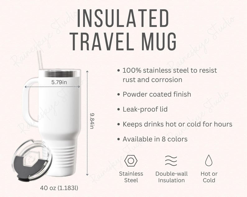 May include: White insulated travel mug with a black lid and a straw. The mug is 40 ounces (1.183 liters) and has a double-wall design. It is made of stainless steel and has a powder-coated finish. The mug is leak-proof and keeps drinks hot or cold for hours.