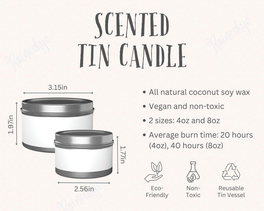 Tin Candle 4oz and 8oz Size Chart and Key Features, Candle Scent
