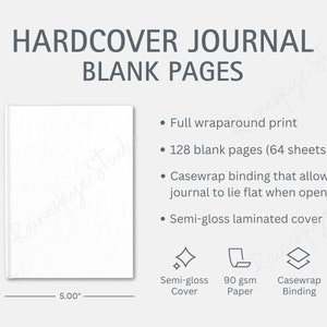 Hardcover blanco pagina dagboek maattabel en belangrijkste kenmerken, dagboek maattabel, Printify dagboek mockup voor Etsy-verkopers, Etsy verkooptools