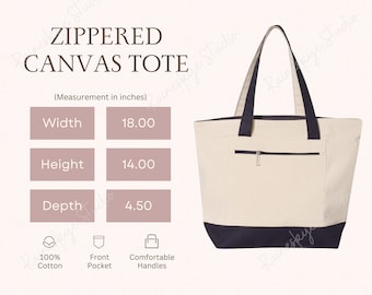 Zippered Canvas Tote Bag Size Chart and Features, Q-Tees Q1300 Cotton Canvas Bag, Etsy Seller POD Tools