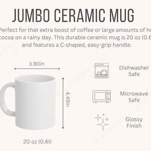 Puede incluir: Taza de cerámica blanca con asa en forma de C. La taza mide 11,4 cm de alto y 9,9 cm de ancho. Tiene una capacidad de 568 ml. La taza es apta para lavavajillas y microondas y tiene un acabado brillante.