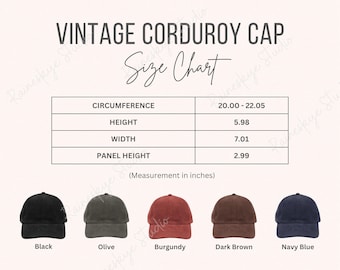 Vintage Corduroy Cap Size Chart Guide (Digital Download), Big Accessories BA703 Cap Color Guide, Etsy POD Seller Tools