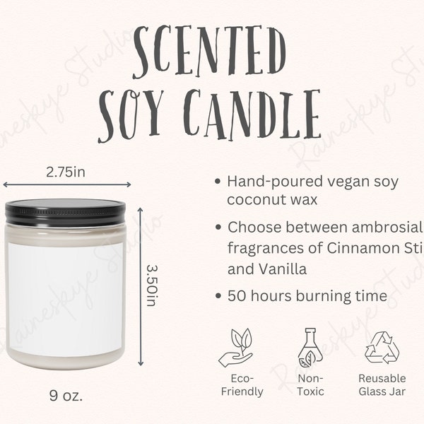 Scented Candle 9oz Size Chart and Key Features, Vegan Soy Coconut Wax Candle Mockup, Eco-Friendly 9oz Glass Candle, Etsy Seller Tools