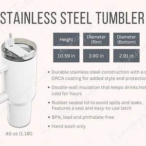 Stainless Steel 40 oz Tumbler Size Chart and Description Mockup, Straw and Push-Down Lid, POD Etsy Seller Tools, Imperial and Metric Files