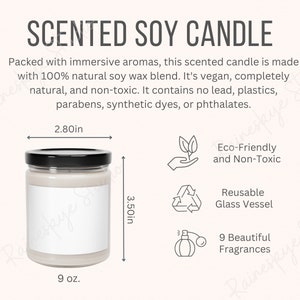 Tabela de tamanhos de velas perfumadas de soja de 9 onças e principais recursos, descrições de aromas de velas Ferramenta de listagem de POD de vendedor Etsy, inclui aromas de velas incluídos