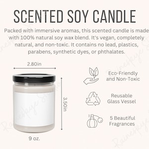 Tabela de tamanhos de velas de soja perfumadas de 9 onças e principais recursos, descrições de aromas de velas Ferramenta de listagem de vendedores do Printify Etsy, inclui 2 arquivos JPG