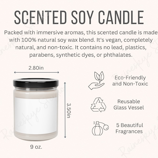 Scented Soy Candle 9oz Size Chart and Key Features, Candle Scent Descriptions Printify Etsy Seller Listing Tool, Includes 2 JPG Files