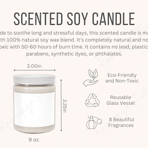 Tabela de tamanhos e principais características da vela de soja perfumada de 9 onças, descrições de aromas de velas, ferramenta de listagem de vendedores Printify Etsy, inclui 2 arquivos JPG