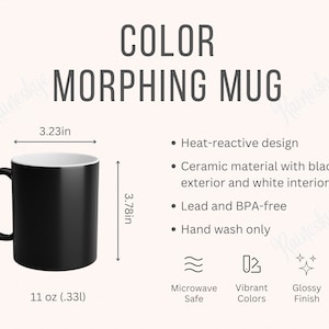 May include: Black colour-changing mug with a heat-reactive design. The mug is 3.23 inches wide and 3.78 inches tall. It holds 11 ounces and is microwave safe. The mug is made of ceramic with a black exterior and white interior. It is lead and BPA-free and should be hand washed only.