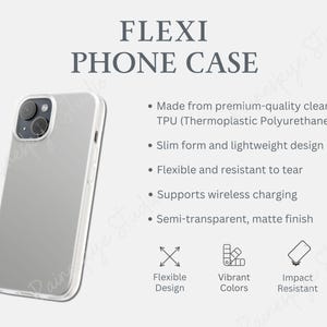 Flexi Phone Case Key Features, Flexible Slim Form Phone Case Info Card, TPU Impact Resistant Phone Case Description, POD Etsy Seller Tools
