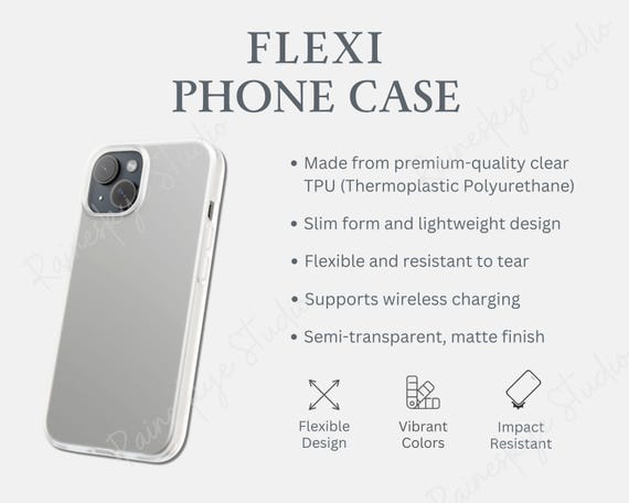 Flexi Phone Case Key Features, Flexible Slim Form Phone Case Info Card, TPU Impact Resistant Phone Case Description, POD Etsy Seller Tools
