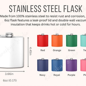 Puede incluir: Una petaca de acero inoxidable con tapa a prueba de fugas y aislamiento al vacío de doble pared. La petaca está disponible en 10 colores: rojo, naranja, verde, turquesa, azul marino, azul real, morado, rosa, blanco y negro. La petaca mide 3,66 pulgadas de ancho y 4,45 pulgadas de alto. Tiene una capacidad de 6 onzas (0,17 litros).