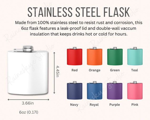 6oz Stainless Steel Flask Size Chart and Colors Mockup, Polar Camel Flask Size Guide and Features, POD Etsy Seller Tools