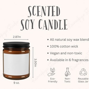 Tabela de tamanhos de frasco de âmbar de vela de soja perfumada de 9 onças e principais recursos, descrições de perfume de vela Ferramenta de listagem de vendedores Etsy, inclui 2 arquivos JPG