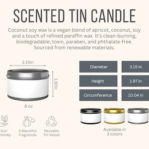 Tabela de tamanhos, cores e principais características de velas perfumadas de lata de 8 oz, descrições de aromas de velas, ferramenta de listagem de vendedores Printify POD Etsy, 2 arquivos JPG