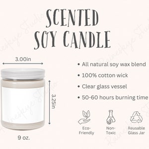 Tabela de tamanhos de velas de soja perfumadas de 9 onças e principais recursos, descrições de aromas de velas Ferramenta de listagem de vendedores do Printify Etsy, inclui 2 arquivos JPG