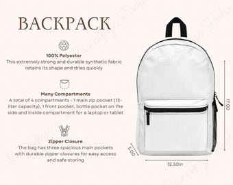Weißer Rucksack, Größentabelle, Infokartenbeschreibung, POD-Verkäuferwerkzeug (digitaler Download)