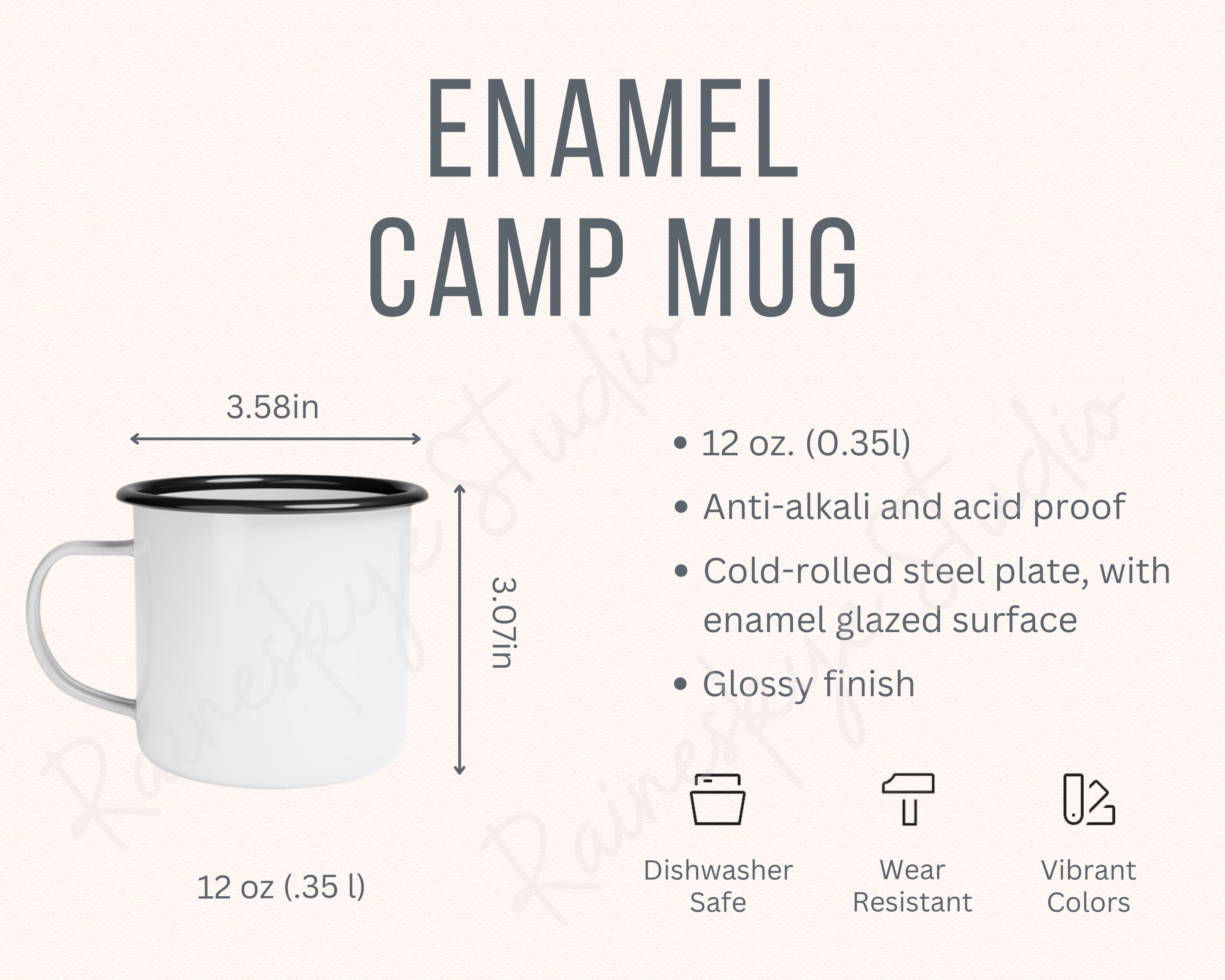 Tabla de tallas y descripción de tazas de campamento esmaltadas, tamaño de taza de 12 oz, maqueta de taza de camping, herramientas para vendedores de Etsy POD