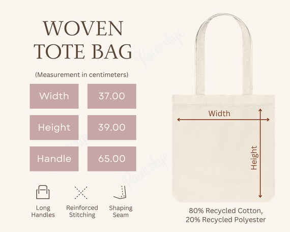 Woven Tote Bag Size Chart and Key Features, Stanley Stella STAU760 Mockup, Imperial and Metric Size Guide, Etsy Seller Tools, 2 JPG Files