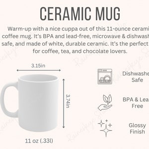 Tabela de tamanhos e descrição de canecas de cerâmica, principais características e cuidados com o tamanho de xícara de 11 oz, maquete de caneca de café, ferramentas para vendedores de POD no Etsy