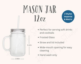 12oz Mason Jar with Straw Size Chart and Key Features Mockup, 2 Files with Imperial and Metric Measurements, Etsy Mockup Tools For Sellers