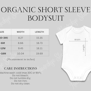 Baby Organic Short Sleeve Bodysuit Size Chart and Care Instructions, Babybugz BZ10, Infant Cotton Onesie Size Guide, POD Etsy Seller Tools