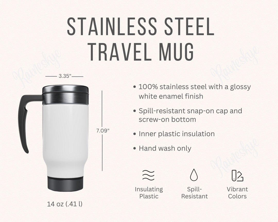 Stainless Steel Travel Mug With Handle 14 Oz Size Chart and Description Mockup, 14 Oz Travel Mug