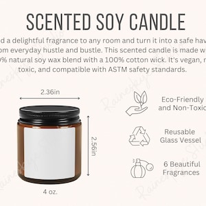 Tabela de tamanhos de frasco de âmbar de vela de soja perfumada de 4 onças e principais recursos, descrições de perfume de vela Ferramenta de listagem de vendedores Etsy, inclui 2 arquivos JPG