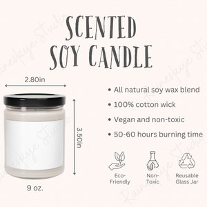 Tabela de tamanhos de velas perfumadas de soja de 9 onças e principais recursos, descrições de aromas de velas Ferramenta de listagem de vendedores do Printify Etsy, inclui arquivos de aromas de velas