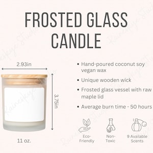 Vela de vidro fosco perfumada 11oz Mockup, tabela de tamanhos de velas de pavio de madeira e principais características Mockup, menta impressa Etsy Seller POD Listing Tool