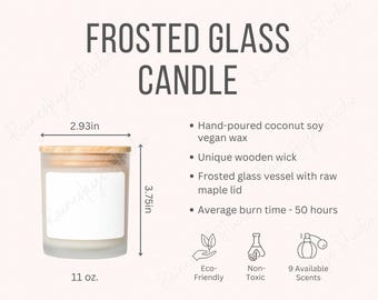 Scented Frosted Glass Candle 11oz Mockup, Wooden Wick Candle Size Chart and Key Features Mockup, Printed Mint Etsy Seller POD Listing Tool