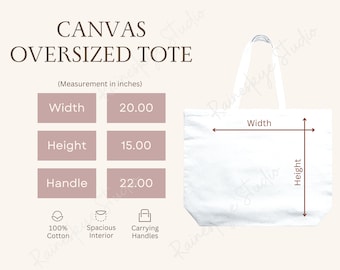 Tabla de tallas y características principales de bolsos tote extragrandes de lona blanca, maqueta de bolso tote de lona 100 % algodón, guía de tallas, estampado menta, herramientas de POD para vendedores de Etsy