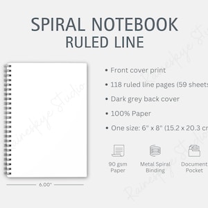 May include: A white spiral notebook with a ruled line design. The notebook is 6 inches by 8 inches and has 118 pages. It features a dark grey back cover and a metal spiral binding.