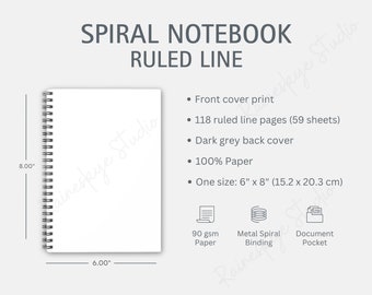 Spiral Notebook Size Chart and Details, Ruled Line Spiral Notebook Size Chart, Printify Spiral Notebook Mockup for Etsy Sellers
