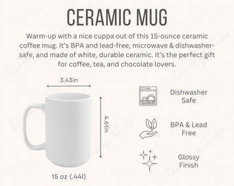 Tabla de tamaños y descripción de tazas de cerámica de 15 oz, Características principales de las tazas de 15 oz, Maqueta de taza de café para Printify, Herramientas para vendedores de Etsy