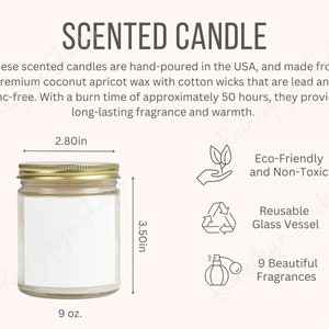 Vela perfumada de coco e damasco, frasco transparente, maquete de 9 onças, tabela de tamanhos de velas com tampa dourada e maquete de principais recursos, ferramenta de listagem de POD do vendedor Etsy