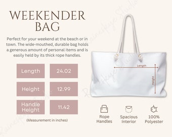 Weekender Tote Bag Size Chart and Features, Weekender Tote Mockup Imperial and Metric Size Guide, Etsy Seller Tools, 2 JPG Files