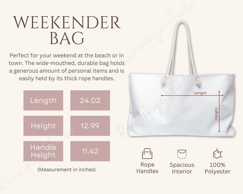 May include: White canvas weekender bag with rope handles. The bag measures 24.02 inches long, 12.99 inches high, and the handle height is 11.42 inches. The bag is made of 100% polyester.