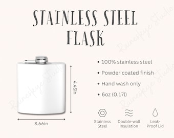 Tabla de tallas y características principales de un termo de acero inoxidable de 6 oz (maqueta), guía de tallas y cuidado del termo Polar Camel, herramientas para vendedores de POD Etsy