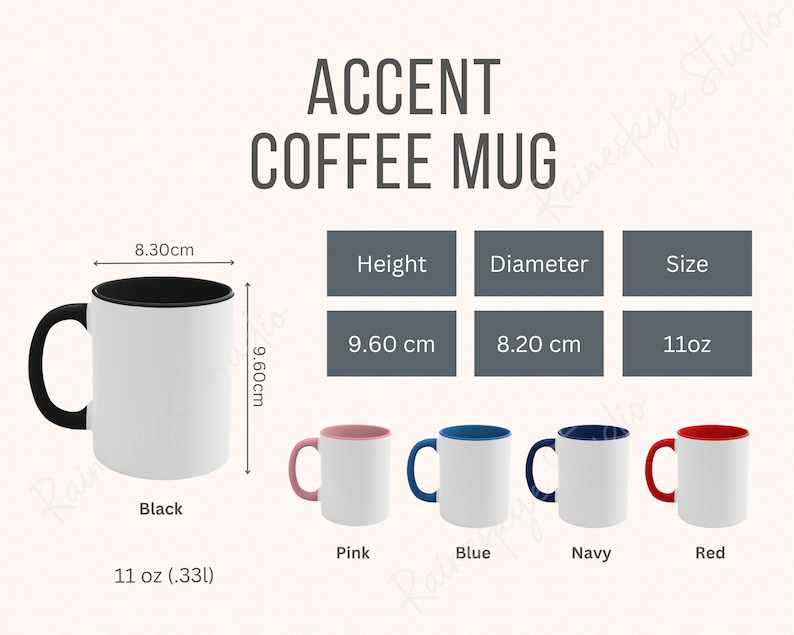 Accent Coffee Mug Size Chart and Color Guide, 11oz Ceramic Cup Size