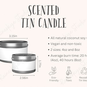 Tabela de tamanhos de velas de lata de 4 onças e 8 onças e principais recursos, descrições de aromas de velas, ferramenta de listagem de vendedores Printify Etsy, inclui 2 arquivos JPG