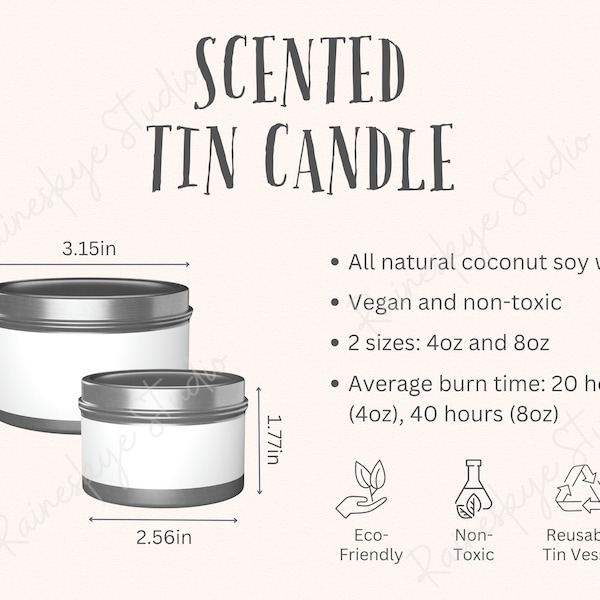 Tin Candle 4oz and 8oz Size Chart and Key Features, Candle Scent Descriptions, Printify Etsy Seller Listing Tool, Includes 2 JPG Files