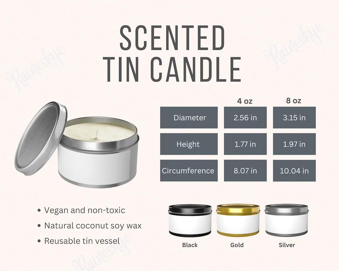 Tin Candle 4oz and 8oz Size Chart and Key Features, Candle Scent