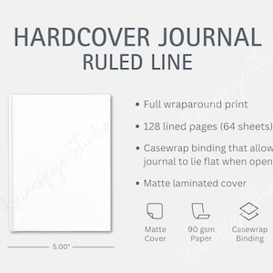 Hardcover gelinieerd lijn Journal-maattabel en belangrijkste kenmerken, Journal-maattabel, Printify Journal Mockup voor Etsy-verkopers, Etsy-verkooptools
