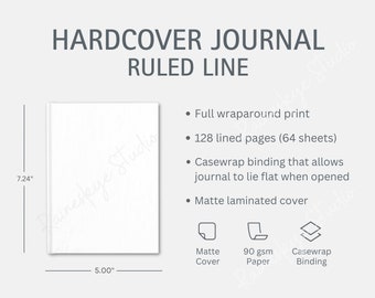 Hardcover Ruled Line Journal Size Chart and Key Features, Journal Size Chart, Printify Journal Mockup for Etsy Sellers, Etsy Selling Tools