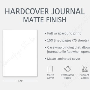 Hardcover Journal-maattabel en belangrijkste kenmerken, Matte Finish Journal-maattabel, Printify Journal Mockup voor Etsy-verkopers, Etsy-verkooptools