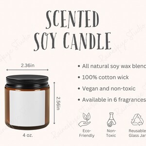 Tabela de tamanhos de frasco de âmbar de vela de soja perfumada de 4 onças e principais recursos, descrições de perfume de vela Ferramenta de listagem de vendedores Etsy, inclui 2 arquivos JPG